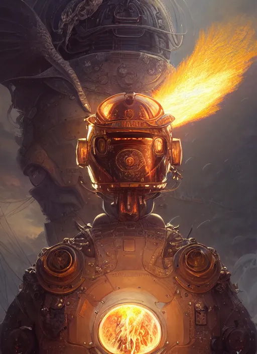 Image similar to highly detailed portrait of reflection of dragonfire on steel shiny helmet, raytracing, fantasy art by by simon bisley, loish, rhads, ferdinand knab, makoto shinkai and lois van baarle, ilya kuvshinov, rossdraws, tom bagshaw, global illumination, radiant light, detailed and intricate environment