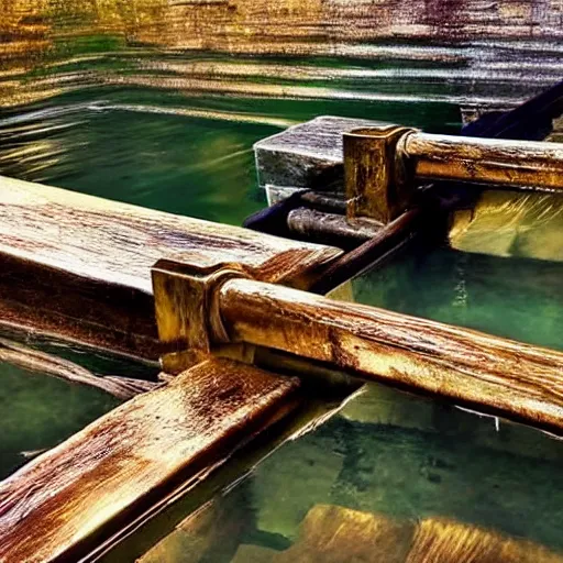 Prompt: old wooden gold sluice, beautiful view, artistic look, high details, water flowing