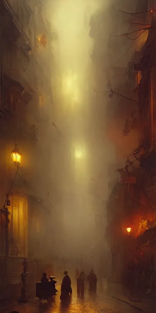 Image similar to a street of a city in 1 9 4 0 with yellow light on from the windows during the night, a men stand up under a light, mystical red fog, oil on canvas, art by andreas achenbach, clemens ascher, tom bagshaw and sabbas apterus,