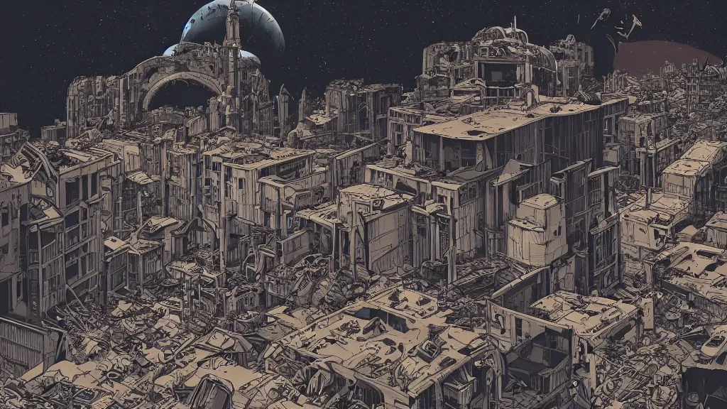 Prompt: very detailed, prophet graphic novel, ilya kuvshinov, mcbess, rutkowski, simon roy, illustration of decrepit abandonned arcologies in dystopian megalopolis ruins with space debris floating in the sky on a dead planet earth, wide shot, colorful, deep shadows, astrophotography