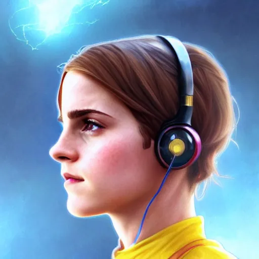 Image similar to beautiful Emma Watson as Kid Flash with a headset, western, closeup, D&D, fantasy, intricate, elegant, highly detailed, digital painting, artstation, concept art, matte, sharp focus, illustration, art by Artgerm and Greg Rutkowski and Alphonse Mucha