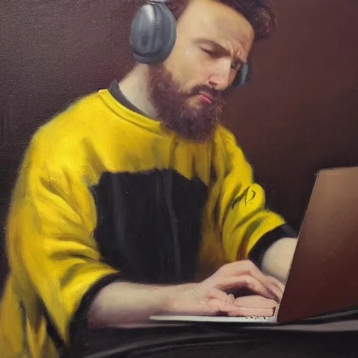 Image similar to tired man in a bumblebee costume drinks coffee in front of a laptop, highly detailed, masterpiece, alla prima, oil on canvas