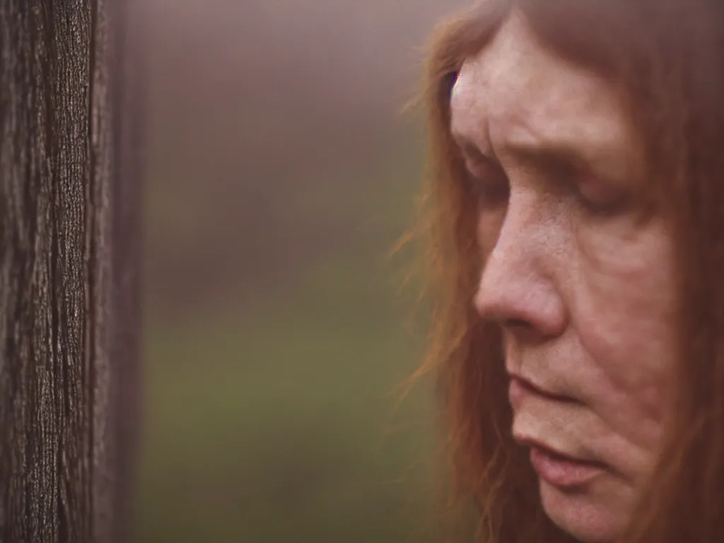 Prompt: close up portrait bust of woman, next to wood fence, tired expression, faded color film, russian cinema, tarkovsky, technicolor, heavy forest, wood cabin in distance, shallow depth of field, long brown hair, old clothing, heavy fog, atmospheric haze, brown color palette, sunset, low light, hudson river school, 4 k, dramatic lighting