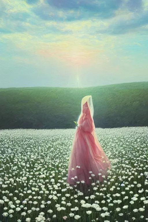 Prompt: giant white daisy flower head, girl with veil walking in a flower field, surreal photography, sunrise, dramatic light, impressionist painting, colorful clouds, digital painting, artstation, simon stalenhag