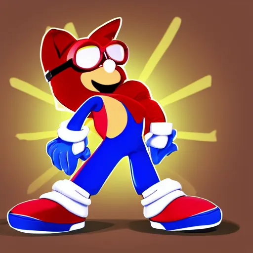 Prompt: picture of a cute red anthropomorphic rabbit with brown hair and eyes, glasses, wearing cool glasses, a blue hoodie, dark blue shorts, and multicoloured shoes, hd resolution, drawn in the style of the sonic the hedgehog video game series,