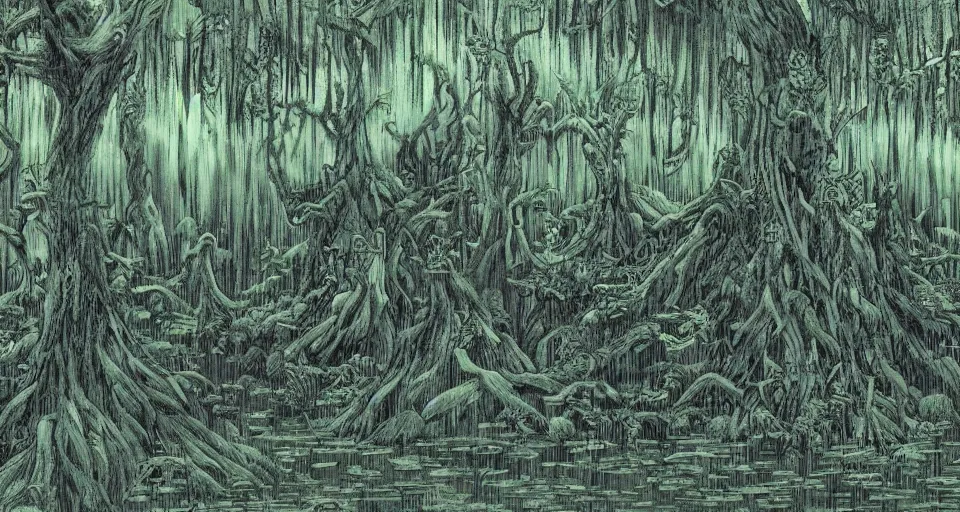 Prompt: A dense and dark enchanted forest with a swamp, by Yoshihiro Togashi