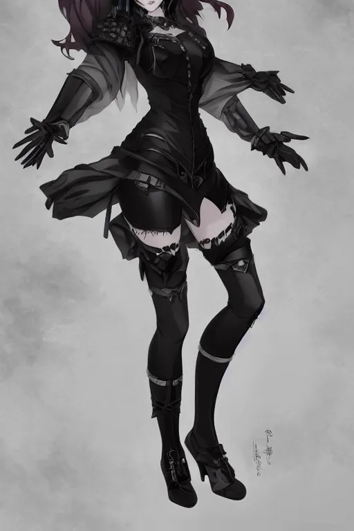 Image similar to pretty gothic lady wearing a full set of black armor and wearing black stockings, fullbody art, drawn by WLOP, by Avetetsuya Studios, anime still, trending on artstation