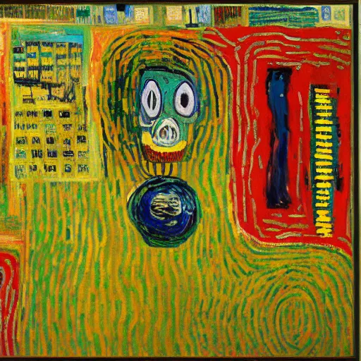 Image similar to artificial intelligence painting by Vincent van Gogh klimt Jean-Michel Basquiat