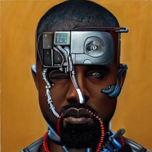 Image similar to a realistic oil painting of a cybernetic kanye west cyborg, surrealism portrait, post apocalyptic album cover