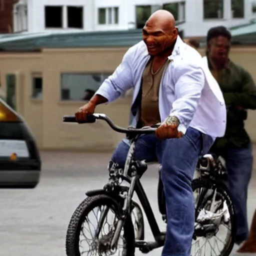 Prompt: mike tyson riding an extremely tiny bike