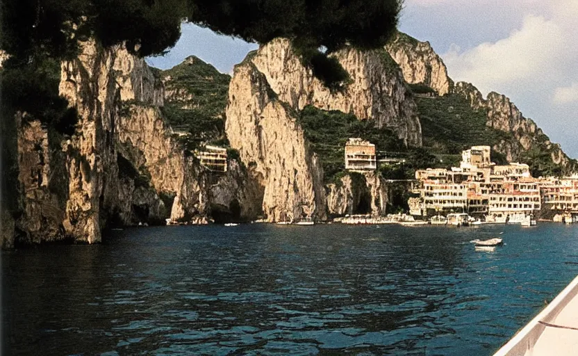 Prompt: still from l'estate, a movie by luchino visconti ( 1 9 7 4 ) set in capri. technicolor, dramatic light, cinematic composition, flamboyant