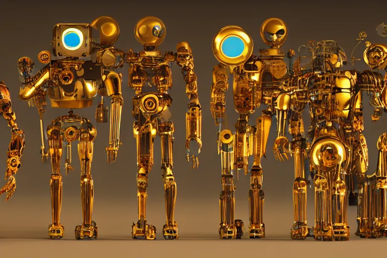 Image similar to a queue of 7 golden and blue metal humanoid steampunk robots wearing and gears and tubes, eyes are glowing red lightbulbs, shiny crisp finish, 3 d render, 8 k, insaneley detailed, fluorescent colors, background is an entrance door to a futuristic nightclub, nightlight