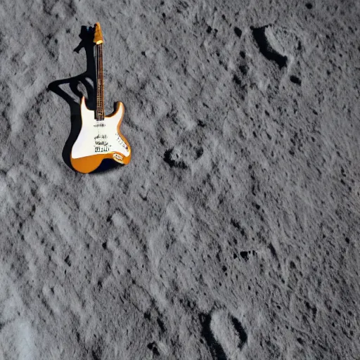 Image similar to photo of a stratocaster electric guitar standing idle on the moon. detailed. 8k
