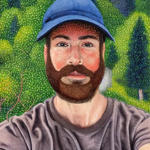 Prompt: colorful portrait of a white man with a black baseball cap, brown beard, and grey shirt on the summit of a forested mountain in the style of pointillism, abstract art, wide selfie