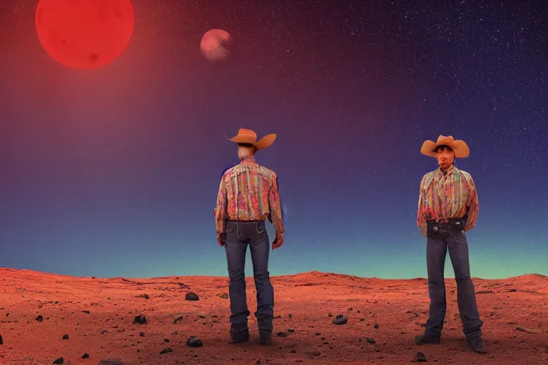 Image similar to old western cowboy with hand on hip on posing to camera on mars, distant background, red lighting, digital art, acrylic, colorful, ominous, moonlight, bokeh, depth of field, synthwave, psychedelic, glitch, acrylic, flooko, detailed, cybernetic, sci-fi, glows,