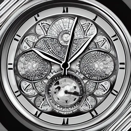 Image similar to silver intricate watch face, digital art