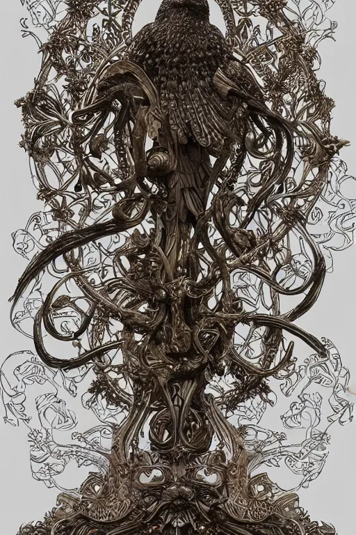 Image similar to beautiful render of catholic rococo roses veiled crow sculpture with symmetry, intricate detail, by Edward Burne-Jones and aaron horkey and NekroXIII and Billelis and peter gric, artstation, ZBrush, maximalist, glittering, gold, silver, ivory, hyperreal