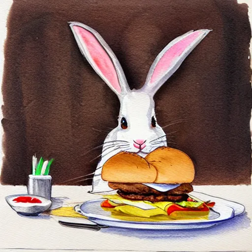 Image similar to a rabbit cooking a cheeseburger inside a small cozy kitchen, watercolour