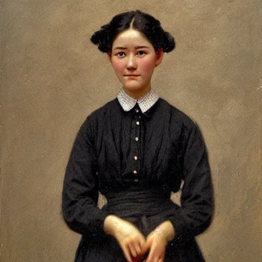 Prompt: a ((sadly)) (((smiling)))) black haired, young hungarian village maid from the 19th century who looks very similar to (((Lee Young Ae))) with a two french braids, detailed, realistic oil painting by Ferenczy Károly