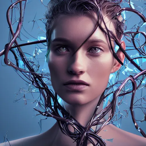 Image similar to a highly detailed digital image of a futuristic woman shattered and beautifully entangled in vines, by Andrew Chiampo, artstation, and Frederik Heyman, extremely detailed woman, stunning volumetric lighting, hyperrealism, fantasy. 4k