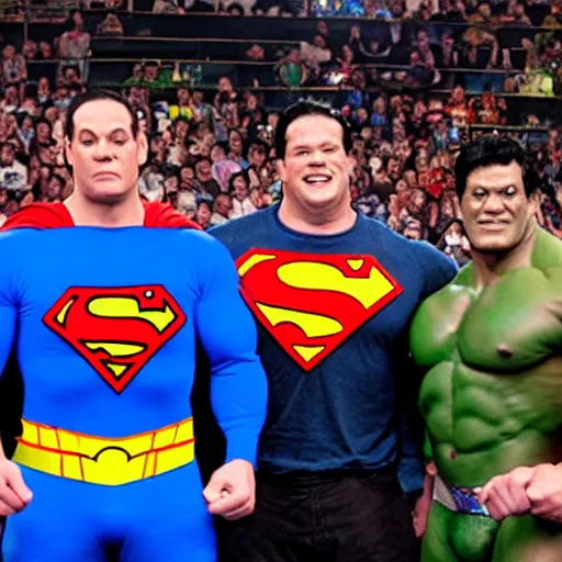 Image similar to supermen and hulk at WWE