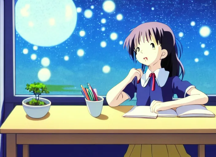 Prompt: anime fine details portrait of joyful school girl studying near monitor in her room at the table, evening, lamp, lo-fi, open window, dark city landscape on the background deep bokeh, profile close-up view, anime masterpiece by Studio Ghibli. 8k, sharp high quality classic anime from 2000 in style of Hayao Miyazaki, synthewave