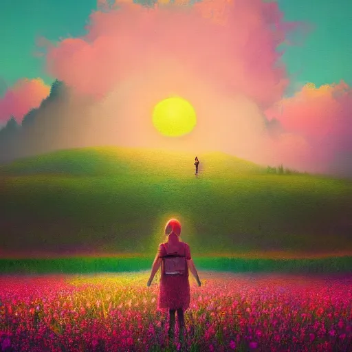 Image similar to girl with blooming face, surreal photography, dream, standing in flower field, hills, big trees, sunrise dramatic light, impressionist painting, colorful clouds, digital painting, pointillism, artstation, simon stalenhag