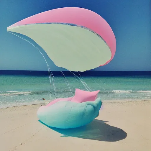 Image similar to a pastel colour high fidelity wide angle Polaroid art photo from a holiday album at a seaside with abstract inflatable parachute furniture, all objects made of transparent iridescent Perspex and metallic silver, no people, iridescence, nostalgic