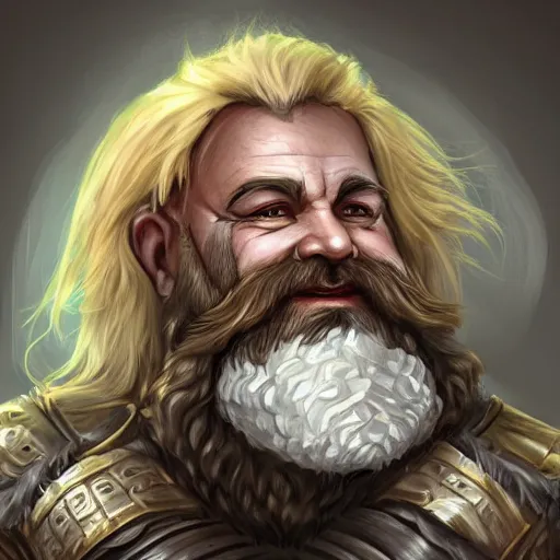 Image similar to portrait, 40 years old :: fantasy dwarf, thin :: beard, brown eyes, short pure white hair :: full plate armor litely golden :: high detail, digital art, RPG, concept art, illustration