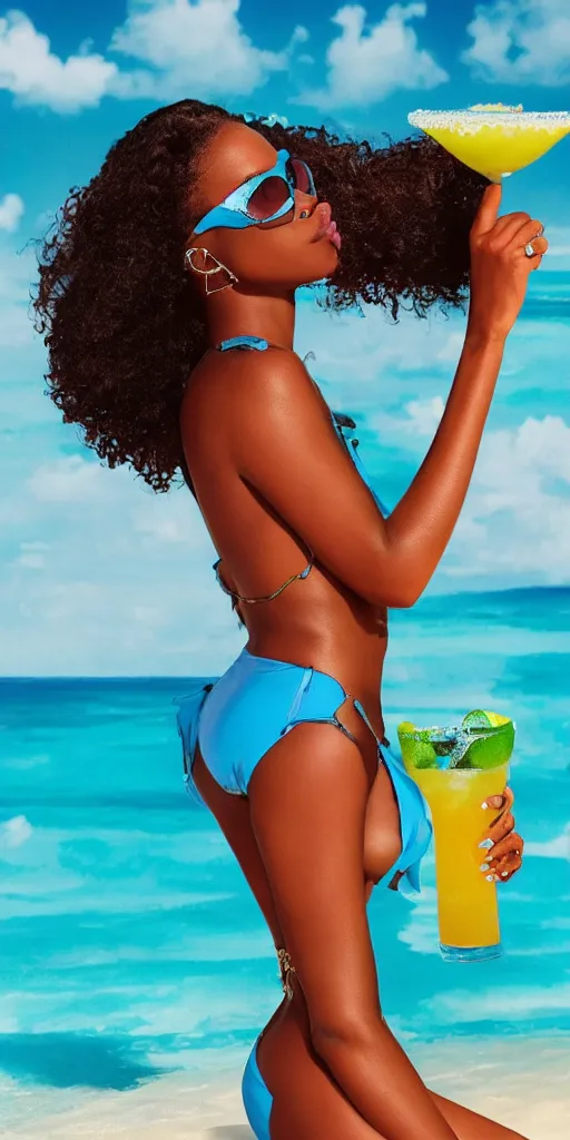 Prompt: a highly detailed beautiful portrait of Black women in the Caribbean wearing aquamarine bikini and shades, full glossy lips, drinking a margarita highly detailed, by RHADS, global illumination, cinematic , hyper-reslistic, depth of field, coherent, high definition, 8k resolution octane renderer, artstation