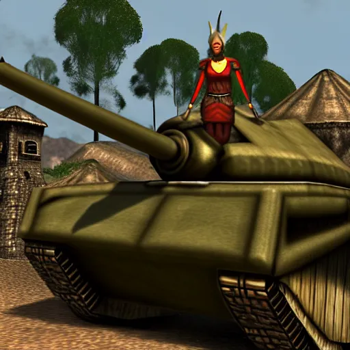 Image similar to a morrowind elf driving a wwii tank in morrowind, retro 3 d graphics, game screenshot