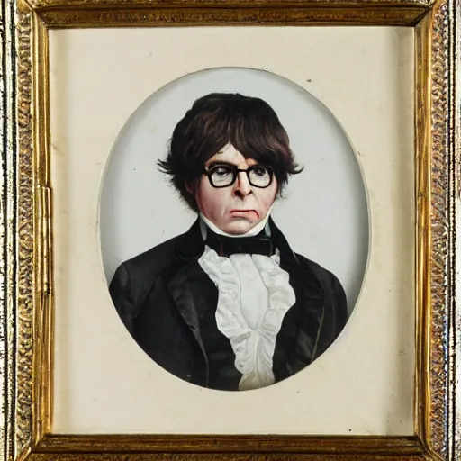 Prompt: old victorian portrait of austin powers, wearing a powdered wig, wearing a ruffled shirt