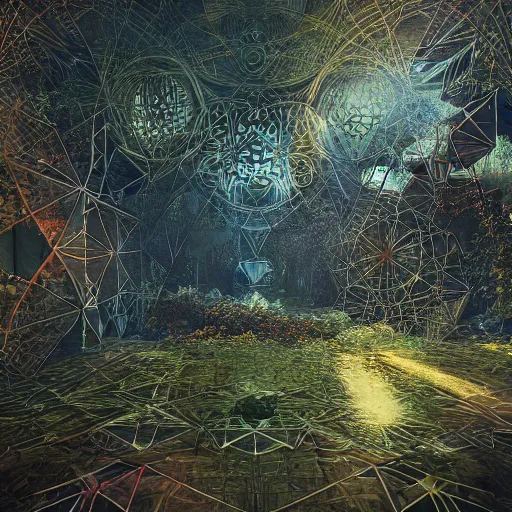 Image similar to sacred geometry overgrown cryengine render by android jones, syd mead, and john stephens