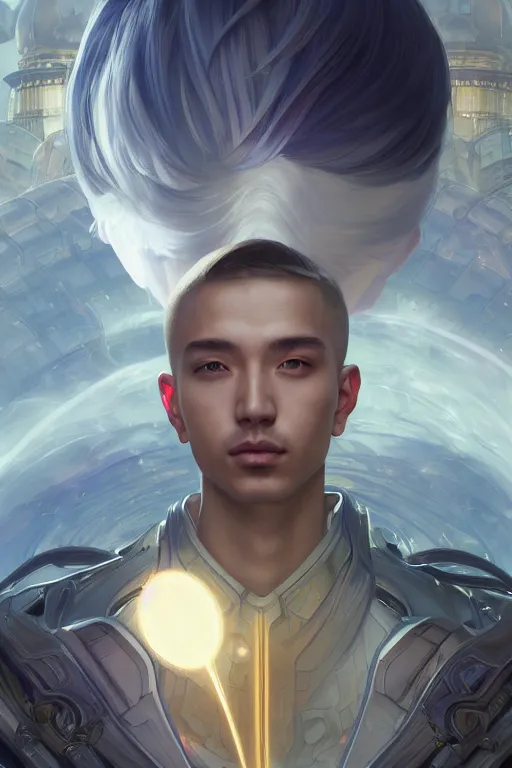 Prompt: portrait of a man with futuristic haircut, soft smile, final fantasy, league of legends champion, strong iridescent light, by chengwei pan and sakimichan and greg rutkowski and alphonse mucha, gradient white to gold, in front of a magical building background, highly detailed portrait, digital painting, smooth, focus illustration