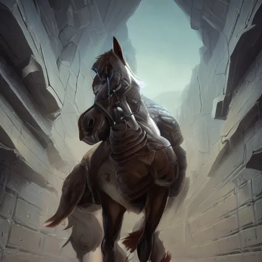 Image similar to a musclebound anthropomorphized horse with mountainous, bulging muscles, wearing a tight kevlar battle outfit in a corridor of a facility, equine, anthro art, furaffinity, highly detailed, digital painting, artstation, sharp focus, game art, concept art, illustration, art by artgerm, greg rutkowski, wlop