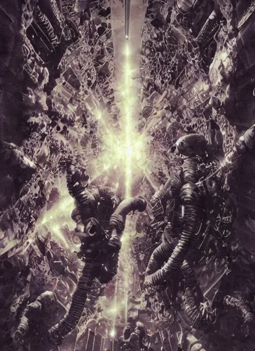 Image similar to astronauts in the dark infinite underwater void - complex and hyperdetailed technical suit, fabric material. reflection and dispersion materials. rays and dispersion of light. volumetric light. wide angle, f / 3 2. noise film photo. flash photography. ultra realistic, wide angle. poster by wayne barlowe, hajime sorayama aaron horkey, craig mullins