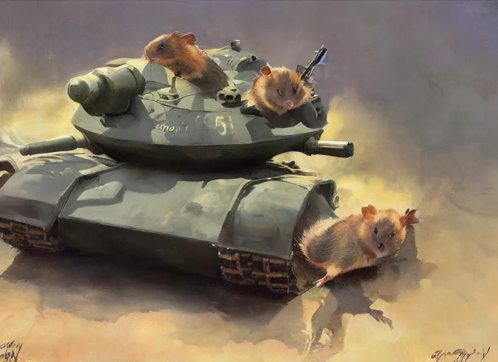 Image similar to a highly detailed beautiful portrait of an evil hamster on a tank, by gregory manchess, james gurney, james jean