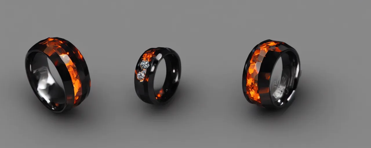 Prompt: simple black tungsten magic crystal ring, radiant cut, fire, orange, smooth shank, crystal, engravings, diamonds, product design, jewelry, colorful, art by gerald brom, greg rutkowski and artgerm, photo realism, unreal engine, c 4 d