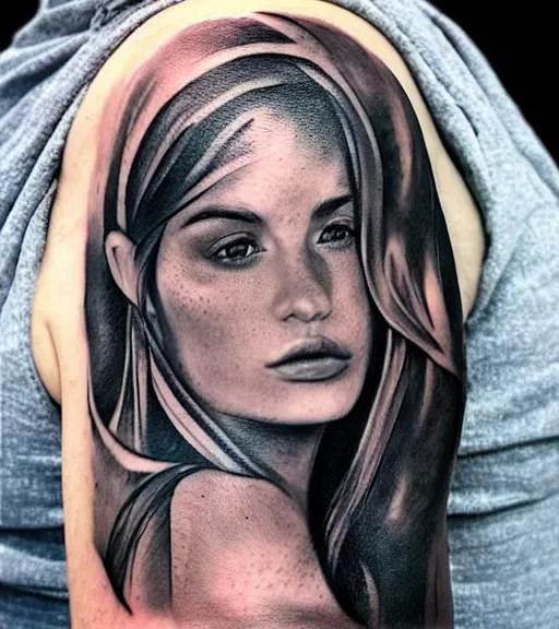 Image similar to tattoo design sketch of an extremely beautiful woman face with a faded background of stunning mountain view on her side, hyper - realistic, in the style of matteo pasqualin, amazing detail, black and white, faded