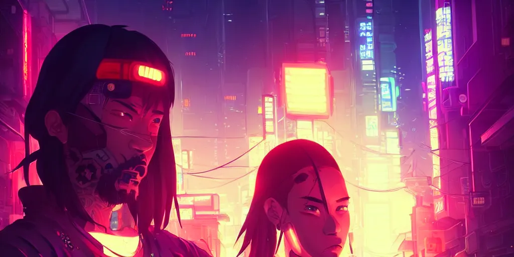 Image similar to digital illustration closeup portrait of cyberpunk samurai in city street at night by makoto shinkai, ilya kuvshinov, lois van baarle, rossdraws, basquiat | afrofuturism, in the style of hearthstone, trending on artstation | cool color scheme