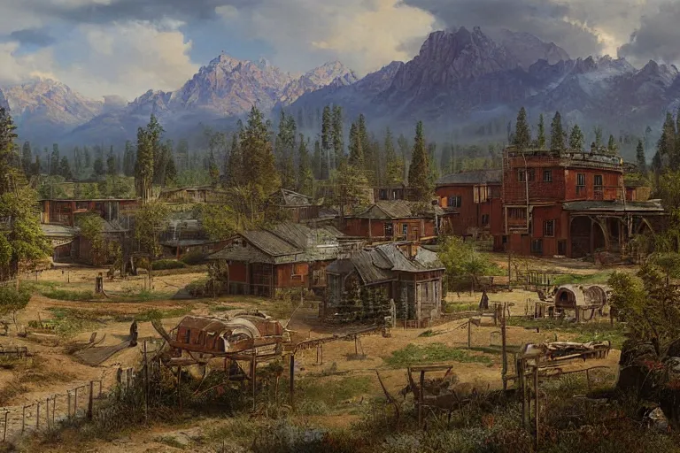 Prompt: A beautiful painting of a rural Westworld village by Ivan Shishkin, matte painting