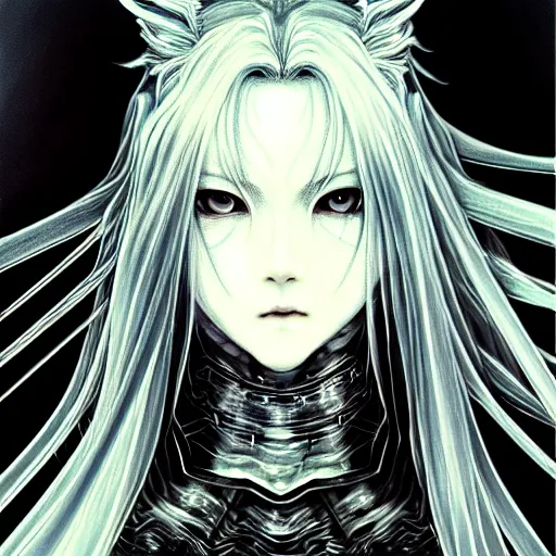 Image similar to yoshitaka amano blurred and dreamy realistic illustration of an anime girl with wavy white hair and cracks on her face wearing elden ring armour with the cape fluttering in the wind, abstract black and white patterns on the background, noisy film grain effect, highly detailed, renaissance oil painting, weird portrait angle