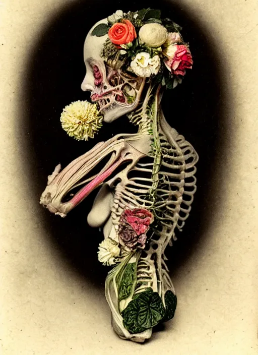 Prompt: beautiful and detailed rotten woman made of plants and many types of stylized flowers like carnation, chrysanthemum, roses and tulips, anatomica, intricate, organs, ornate, surreal, john constable, guy denning, gustave courbet, caravaggio, romero ressendi 1 9 1 0 polaroid photo