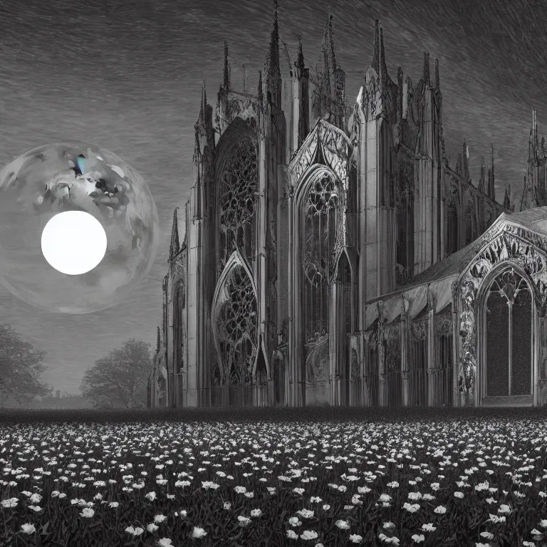 Image similar to A Gothic cathedral in a field of flowers, A huge red moon shines over the earth in the style of gustav doré.highly realistic, hyper detailed,cinematic,4k,digital art,unreal engine 5,epic lighting