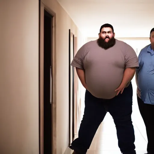 Prompt: Overweight men standing in a corridor