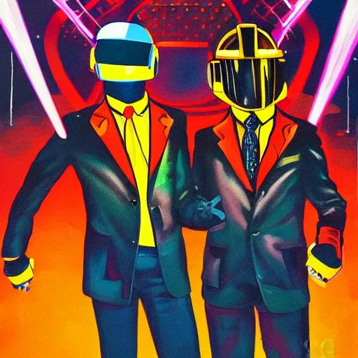 Image similar to painting of Daft Punk dancing on the stage in front of the crowd, colorful lights, illustration, artistic, hyper detailed,