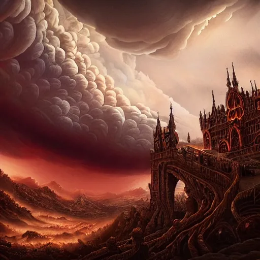 Prompt: dark red cumulonimbus clouds, dusk, in style of Doom, in style of Midjourney, insanely detailed and intricate, golden ratio, elegant, ornate, elite, ominous, haunting, matte painting, cinematic, cgsociety, Andreas Marschall, James jean, Noah Bradley, Darius Zawadzki, vivid and vibrant
