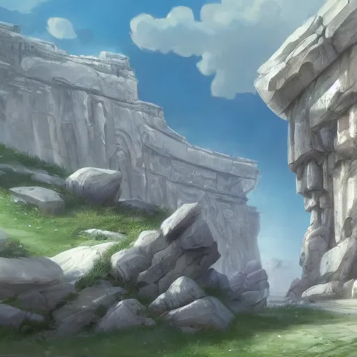 Image similar to concept art by tyler edlin of a small, white marble cliff in a meditereanian landscape, with stone henge on top