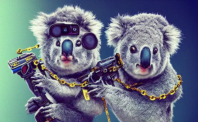 Image similar to “ cute koala with very big eyes, wearing a bandana and chain, holding a laser gun, standing on a desk, digital art, award winning ”