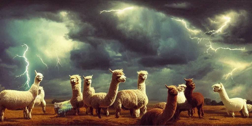 Image similar to a raging storm with lightning ripping open an iridescent portal to blue skies behind <photobomb>Alpaca with an extreme trollface</photobomb>, illustration, detailed, smooth, soft, warm, by Adolf Lachman, Shaun Tan, Surrealism